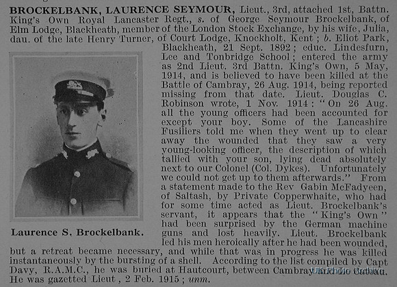 Brockelbank L S Lt 1st Kings Own Obituary De Ruvignys Roll Of Honour Vol 1