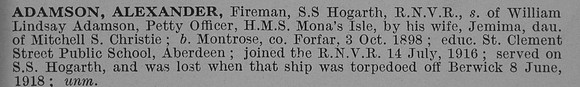 Adamson A Fireman SS Hogarth RNVR Obit De Ruvignys Roll Of Honour Vol 4
