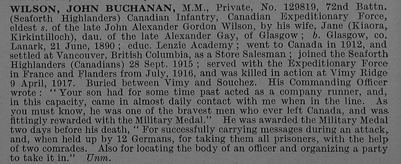 Wilson J B Pte MM 129819 72nd Canadian Infantry (British Columbia Regiment) Obit De Ruvignys Roll Of Honour Vol 4