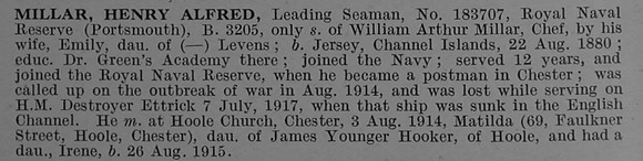 Millar H A Leading Seaman 183797 HMD Ettrick Royal Naval Reserve Obit De Ruvignys Roll Of Honour Vol 4