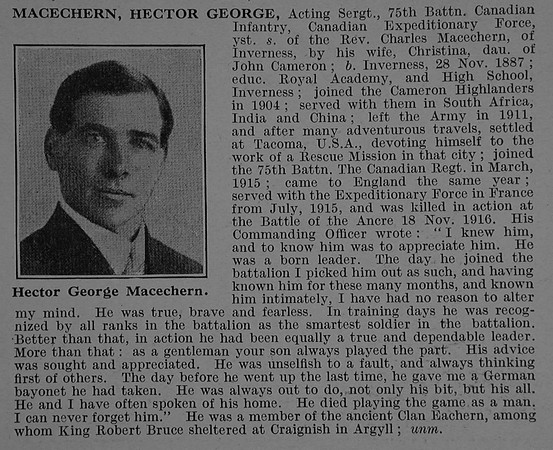 Macechern H G Sergt 139637 75th Canadian Infantry (Central Ontario Regiment) Obit De Ruvignys Roll Of Honour Vol 4