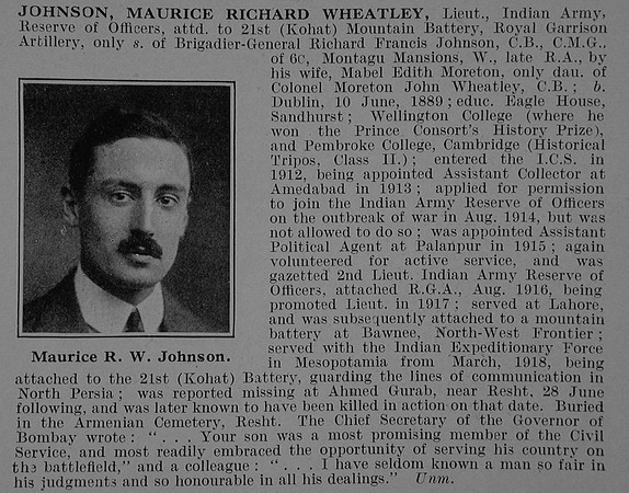 Johnson M R W Lt Indian Army Attd Royal Garrison Artillery Obit De Ruvignys Roll Of Honour Vol 5