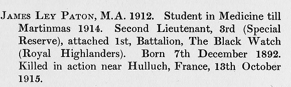 Paton J L 2nd Lt 1st Black Watch Obit St Andrews University Roll Of Honour
