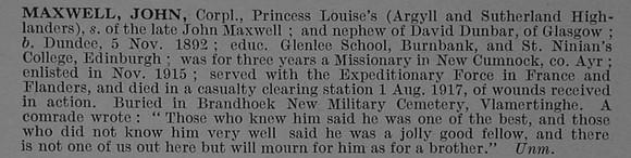 Maxwell J Cpl 15071 8th Argyll and Sutherland Highlanders Obit De Ruvignys Roll Of Honour Vol 4