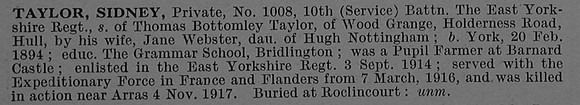 Taylor S Pte 1008 10th East Yorkshire Regiment Obit De Ruvignys Roll Of Honour Vol 4