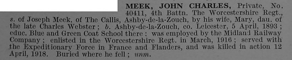 Meek J C Pte 40411 4th Worcestershire Regiment Obit De Ruvignys Roll Of Honour Vol 4