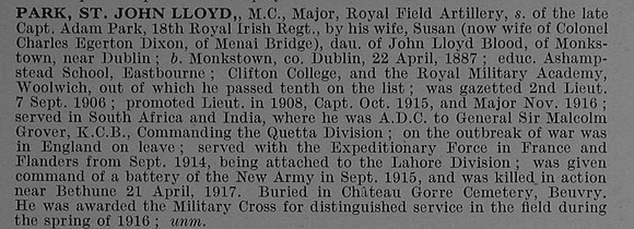 Park St J L Major MC Royal Field Artillery Obit De Ruvignys Roll Of Honour Vol 4