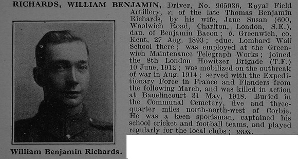 Richards W B Dvr 965036 Royal Field Artillery Obit De Ruvignys Roll Of Honour Vol 4
