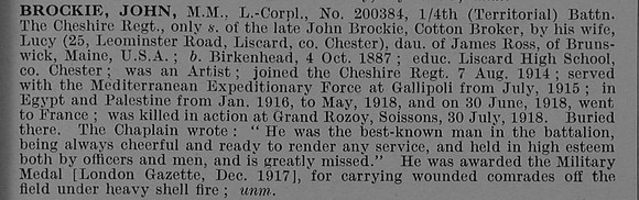 Brockie J L/Cpl MM 200384 4th Cheshire Regiment Obit De Ruvignys Roll Of Honour Vol 4