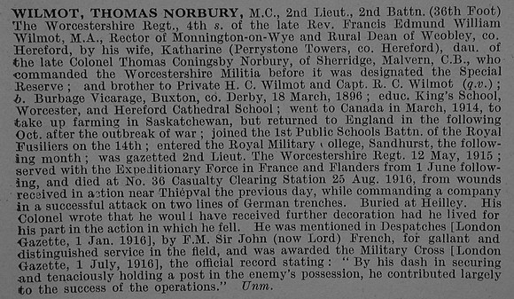 Wilmot T N 2nd Lt MC 2nd Worcestershire Regiment Obit De Ruvignys Roll Of Honour Vol 4