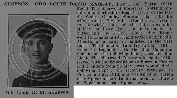 Simpson O L D M Lt 2nd Sherwood Foresters (Notts and Derby Regiment) Obit De Ruvignys Roll Of Honour Vol 4