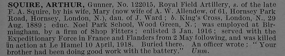 Squire A Gnr 122015 Royal Field Artillery Obit De Ruvignys Roll Of Honour Vol 4