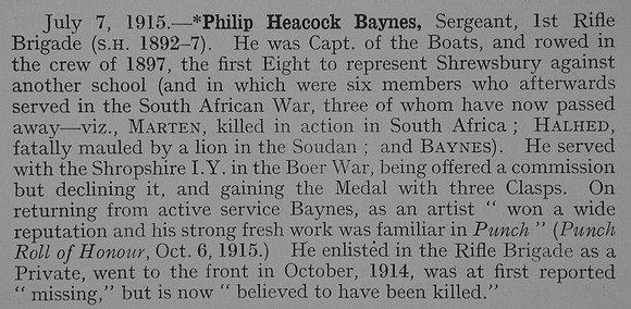 Baynes P H Sergt 1st Rifle Brigade Obit Shrewsbury School Roll Of Service