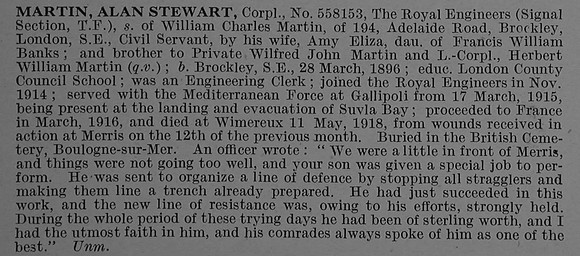 Martin A S Cpl 558153 Royal Engineers Obit De Ruvignys Roll Of Honour Vol 4