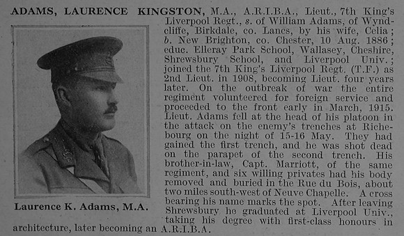 Adams L K Lt 7th Kings Liverpool Regiment Obit De Ruvignys Roll Of Honour Vol 1