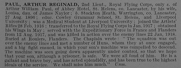 Paul A R 2nd Lt Royal Flying Corps Obit De Ruvignys Roll Of Honour Vol 4