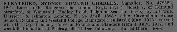Stratford S E C Sig 472522 12th London Regiment Obit De Ruvignys Roll Of Honour Vol 4