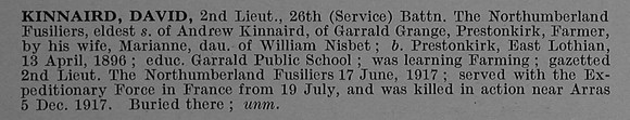 Kinnaird D 2nd Lt 26th Northumberland Fusiliers Obit De Ruvignys Roll Of Honour Vol 4