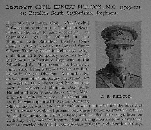 Philcox C E Lt MC 1st South Staffs Regiment Obit Dulwich College Roll Of Honour