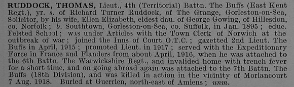 Ruddock T Lt 4th East Kent Regiment Obit De Ruvignys Roll Of Honour Vol 4