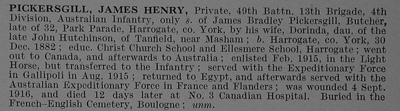 Pickersgill J H Pte 2200 49th Australian Infantry, A.I.F. Obit De Ruvignys Roll Of Honour Vol 4