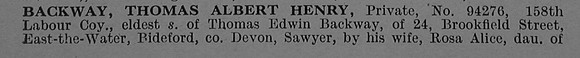 Backway T A H Pte 94276 10th Royal Berkshire Regiment Obit Part 1 De Ruvignys Roll Of Honour Vol 4