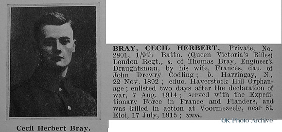 Bray C H Pte 2801 9th London Regiment Obituary De Ruvignys Roll Of Honour Vol 1