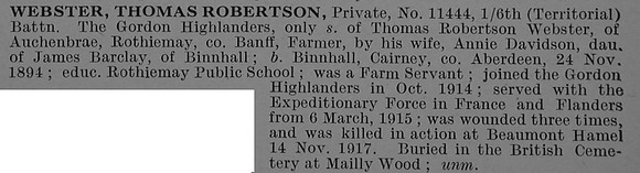 Webster T R Pte 11444 6th Gordon Highlanders Obit De Ruvignys Roll Of Honour Vol 4