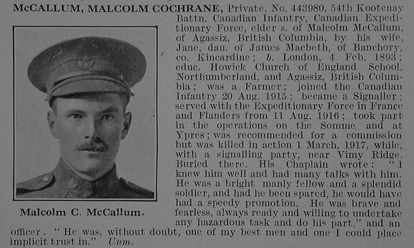 McCallum M C Pte 54th Canadian Expeditionary Force Obit De Ruvignys Roll Of Honour Vol 3