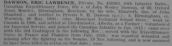 Dawson E L Pte 434383 Canadian Expeditionary Force Obit De Ruvignys Roll Of Honour Vol 3