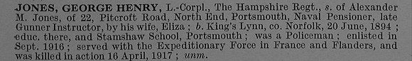 Jones G H L/Cpl 22529 1st Hampshire Regiment Short Obit De Ruvignys Roll Of Honour Vol 4