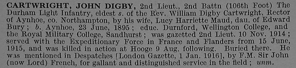 Cartwright J D 2nd Lt 2nd Durham Light Infantry Obit De Ruvignys Roll Of Honour Vol 4