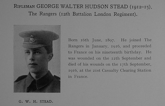 Stead G W H Rfn 4665 12th London Regiment (The Rangers) Obit Dulwich College Roll Of Honour