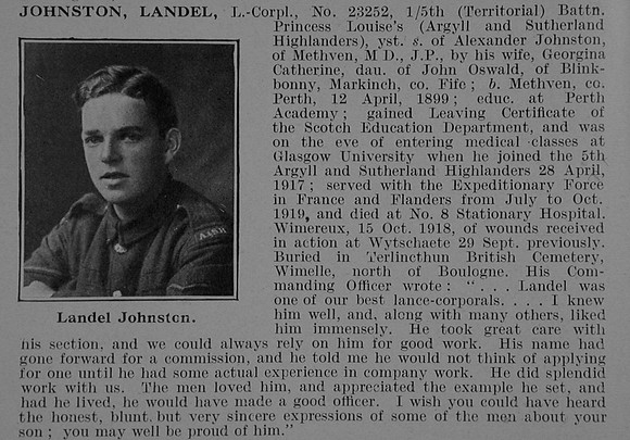 Johnston L L/Cpl 23252 5th Argyll & Sutherland Highlanders Obit De Ruvignys Roll Of Honour Vol 5