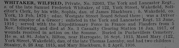 Whitaker W Pte 32063 13th York and Lancaster Regiment Obit De Ruvignys Roll Of Honour Vol 4
