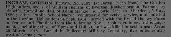 Ingram G Pte 7103 1st Gordon Highlanders Obit De Ruvignys Roll Of Honour Vol 4