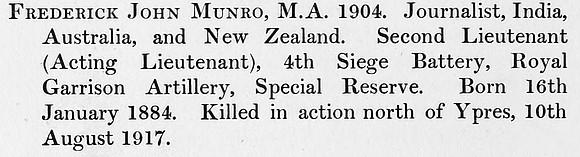 Munro F J 2nd Lt Royal Garrison Artillery Obit St Andrews University Roll Of Honour