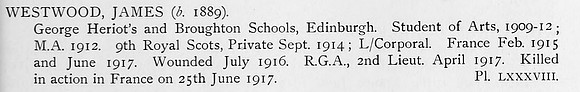 Westwood J 2nd Lt Royal Garrison Artillery Obit