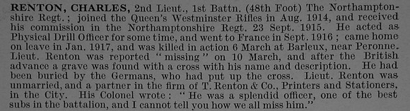 Renton C 2nd Lt 1st Northamptonshire Regiment Obit De Ruvignys Roll Of Honour Vol 4