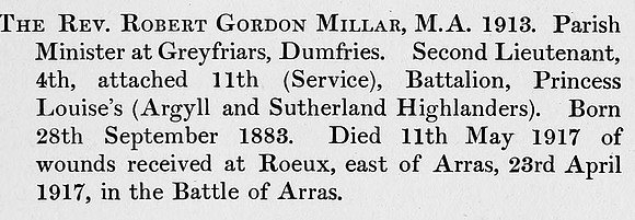 Millar R G 2nd Lt 11th Argyll Sutherland Highlanders Obit St Andrews University Roll Of Honour