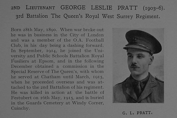 Pratt G L 2nd Lt 3rd Attd 2nd The Queen's (Royal West Surrey Regiment) Obit Dulwich College Roll Of Honour