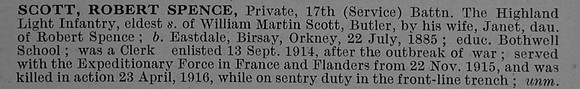 Scott R S Pte 15797 17th Highland Light Infantry Obit De Ruvignys Roll Of Honour Vol 4