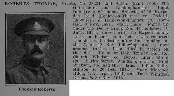 Roberts T Pte 33234 2nd Oxford & Buckinghamshire Light Infantry Obit De Ruvignys Roll Of Honour Vol 4