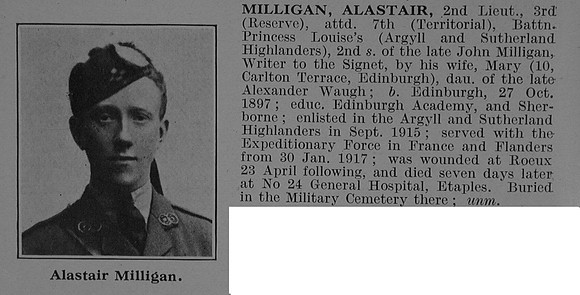 Milligan A 2nd Lt 7th Argyll & Sutherland Highlanders Obit De Ruvignys Roll Of Honour Vol 3