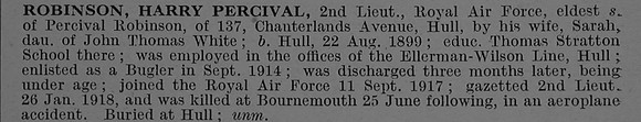 Robinson H P 2nd Lt Royal Air Force Obit De Ruvignys Roll Of Honour Vol 4