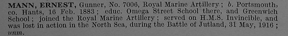 Mann E Gnr 7006 Royal Marine Artillery Short Obit De Ruvignys Roll Of Honour Vol 4