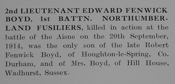Boyd E F 2nd Lt 1st Northumberland Fusiliers Obit Part 1 The Bond Of Sacrifce Vol 1
