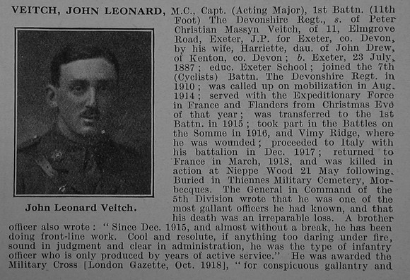 Veitch J L Captain MC 1st Devonshire Regiment Obit Part 1 De Ruvignys Roll Of Honour Vol 4