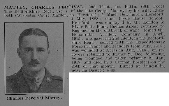 Mattey C P 2nd Lt 1st Bedfordshire Regiment Obit De Ruvignys Roll Of Honour Vol 3