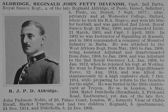 Aldridge R J P D Captain 2nd Royal Sussex Regiment Obit